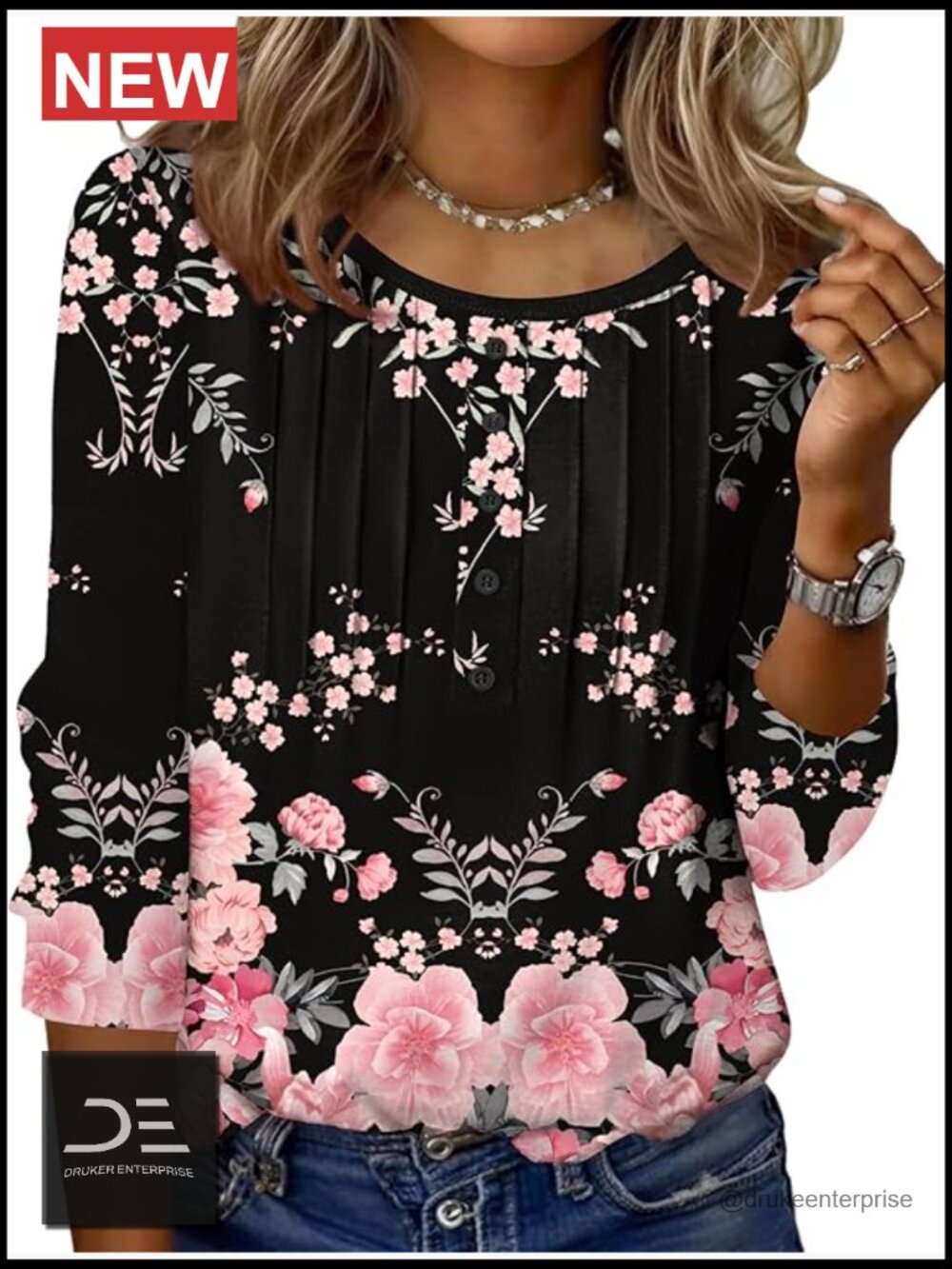 3/4 Length Sleeve Womens Tunic Tops Pleated Round Neck Casual Basic Tees Blouses
